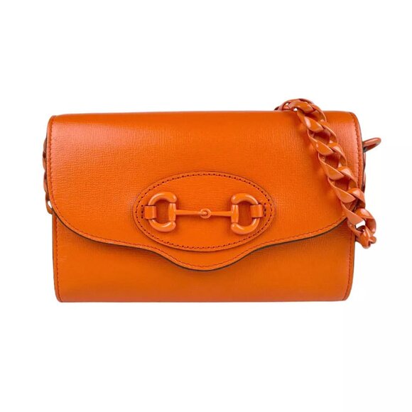 Auth GUCCI Horsebit Shoulder Bag Orange Leather